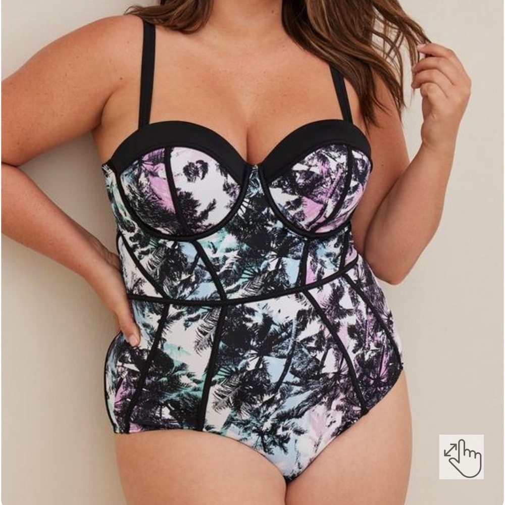 Torrid Palm Tree Slim Fix Underwire Piping One Piece Swimsuit 3D/DD